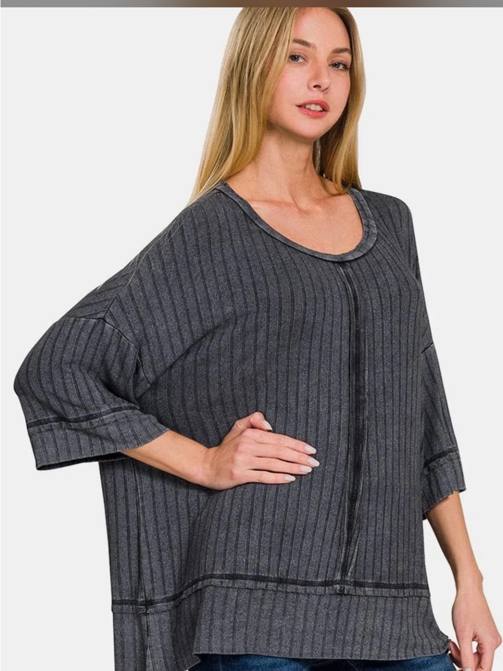 Zenana Outfitters Slate Ribbed Quarter length sleeve top (SOFT)